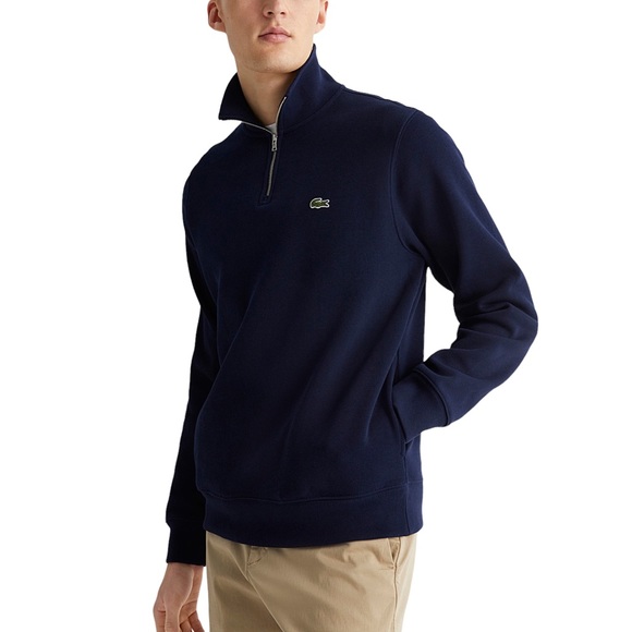 Lacoste Half Zip Pullover Sweatshirt Croc Logo Pockets Heavy Knit Navy Blue | XL - Picture 2 of 10